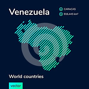 Vector creative digital neon flat line art abstract simple map of Venezuela with green, mint, turquoise striped texture