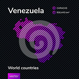 Vector creative digital neon flat line art abstract simple map of Venezuela with violet, purple, pink striped texture