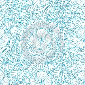 Vector creative doodle seamless pattern with tropical flowers and palm leaves. Hand drawn tropical pattern