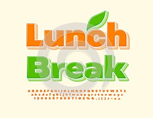 Vector creative Emblem Lunch Break. Bright Orange 3D Font. Modern Alphabet Letters and Numbers set
