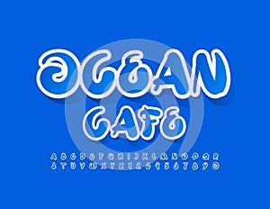 Vector creative emblem Ocean Cafe. Blue sticker Alphabet