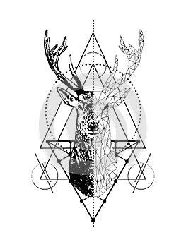 Vector creative geometric deer tattoo art style design.Low poly deer head with triangle.