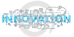 Vector creative illustration of innovation word lettering typography with line icons on white background. Innovation technology c