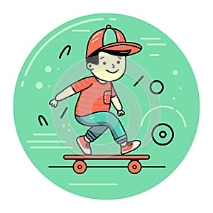 Vector creative illustration of skateboarder boy on green round background with fillers