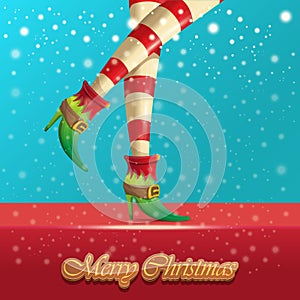 Vector merry christmas greeting card with cartoon elf hot girls legs, falling snow, lights and greeting calligraphic