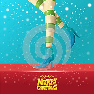 Vector merry christmas greeting card with cartoon elf hot girls legs, falling snow, lights and greeting calligraphic