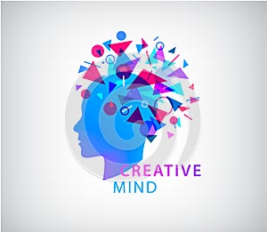 Vector creative mind, human head logo concept illustration. Learning icon. Innovation technology symbol. Digital modern