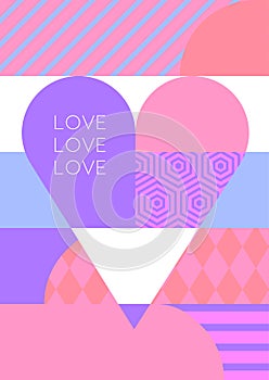 Vector creative romantic background, multicolor heart with pattern. Abstract flat geometric illustration. Concept for wedding, gr
