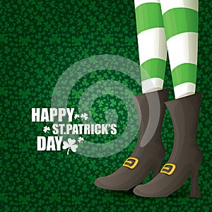 Vector creative saint patrick day greeting card with cartoon leprechaun girls legs