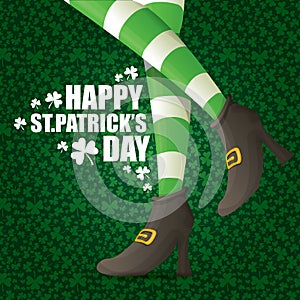 Vector creative saint patrick day greeting card with cartoon leprechaun girls legs