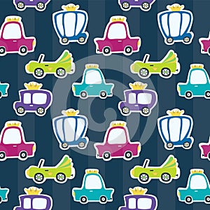 Vector creative seamless pattern with cartoon cars in crowns. Print for printing with bed linen and wrapping paper