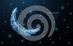 Vector crescent moon. Abstract polygonal wireframe on dark blue night sky background. Night symbol. Arabic, islamic