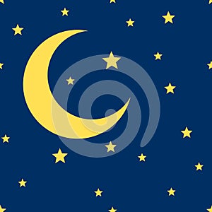 Vector crescent moon and stars seamless pattern