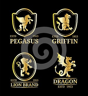 Vector crest monograms templates. Luxury pegasus,dragon, lion, griffin design.Graceful animals silhouettes illustration.