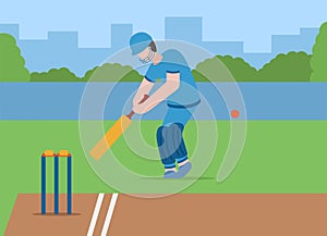 Vector cricket concept. Healthy lifestyle. A man in cricket gear holds a bat in his hands and hits the ball along the length of