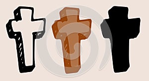 Cross set wooden icon. collection of contours and silhouettes of the cross of faith with black isolated contour and silhouette