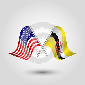vector crossed american bruneian flags on silver sticks - symbol of united states of america and brunei