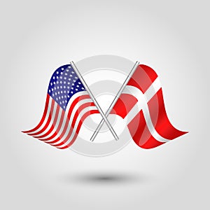 Vector crossed american and danish flags on silver sticks - symbol of united states of america and denmark