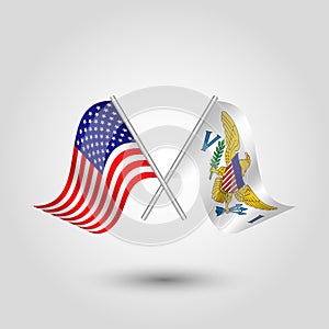 Vector crossed american and islander flags on silver sticks - symbol of united states of america and virgin islands
