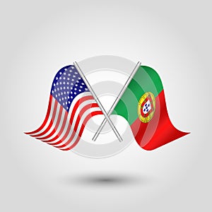Vector crossed american and portuguese flags on silver sticks - symbol of united states of america and portugal photo
