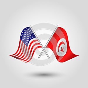 Vector crossed american and tunisian flags on silver sticks - symbol of united states of america and tunisia