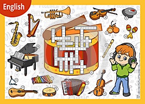 Vector crossword in English, education game for children. Cartoon boy in headphones and set of musical instruments