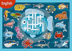 Vector crossword in English, education game for children. Cartoon set of sea animals