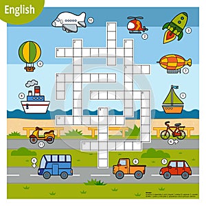 Vector crossword in English, education game for children. Cartoon  set of transport