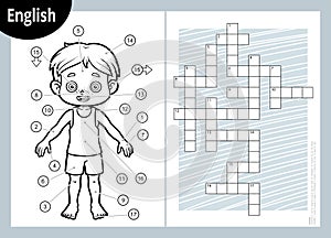 Vector crossword in English, education game for children about the human body. My body parts for a boy