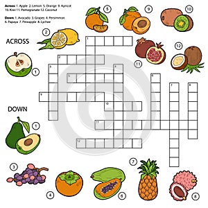 Vector crossword, game for children about fruits