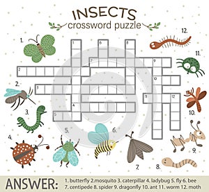 Vector crossword puzzle with forest insects. Bright and colorful quiz for children.