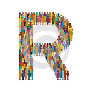 Vector crowd of people in form of capital letter R flat style