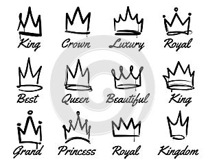 Vector crown logo. Hand drawn graffiti sketch and signs collections. Black brush line isolated on white background