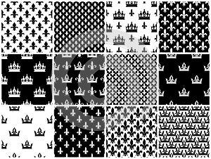 Vector crowns and fleur de lis seamless patterns set in black