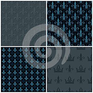 Vector crowns and fleur de lis seamless patterns set
