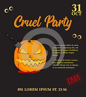 Vector cruel party invitation. Halloween pumpkin with knife and blood. Scary trick or treat holiday print. Bloody horror