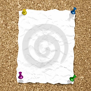 Vector crumpled paper sheet on cork texture with