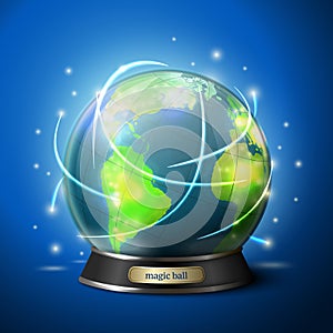 Vector crystal ball with globe predict your travel