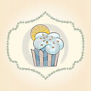 Vector cupcake with orange slice. Vector illustration