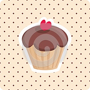 Vector cupcake with red cherry and polka dots background