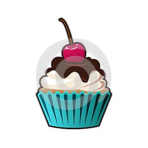 Vector cupcakes or muffins icon. Colorful dessert with cream, chocolate, cherries. Multicolor cute cupcake sign for flyers, postca