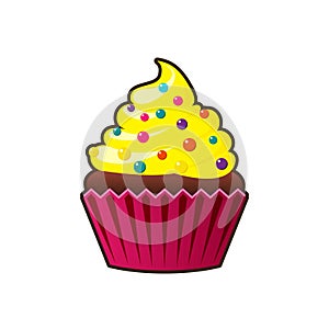Vector cupcakes or muffins icon. Colorful dessert with cream, chocolate, cherries and strawberries. Multicolor cute cupcake sign f