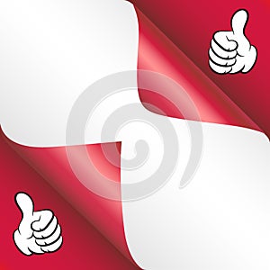 Vector curled corner icon, curled corner, paper curl. Hand thumb up gesture.