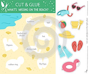 Vector cut and glue activity with beach objects. Summer educational crafting game with cute elements. Fun sea holidays activity