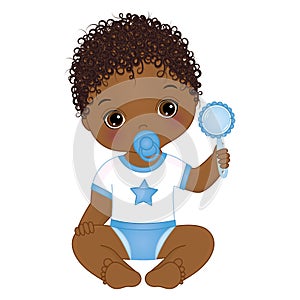 Vector Cute African American Baby Boy with Rattle. Vector Baby Boy Shower
