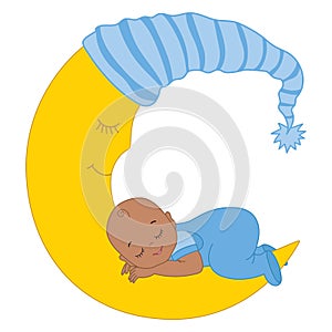 Vector Cute African American Baby Boy Sleeping on the Moon