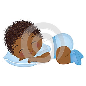 Vector Cute African American Baby Boy Sleeping. Vector Baby Boy Shower