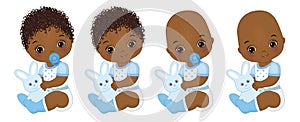 Vector Cute African American Baby Boys with Bunnies. Vector Baby Boy Shower