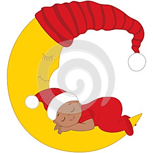 Vector Cute African American Baby in Christmas Clothes Sleeping