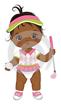 Vector Cute African American Baby Girl Holding Golf Club and Ball. Vector Golfer Girl